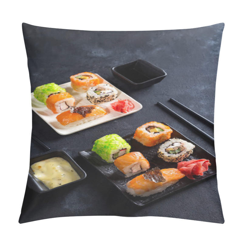 Personality  Traditional Japanese Food- Sushi, Rolls, Chopsticks, Soy Sauce On Black Slate Background. Sushi Menu. Top View Copy Space Pillow Covers