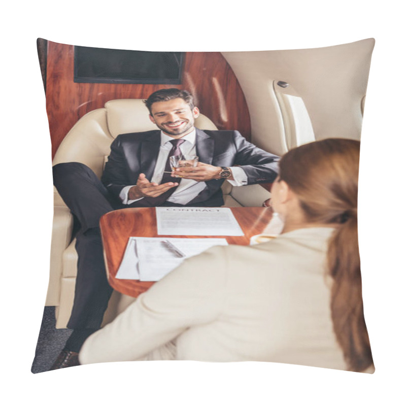 Personality  Selective Focus Of Businessman With Glass Talking With Businesswoman In Private Plane  Pillow Covers