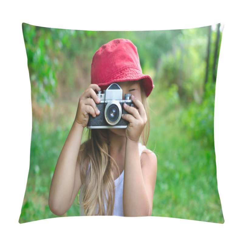 Personality  Child With Camera. Little Girl Photographing. Beautiful Little G Pillow Covers