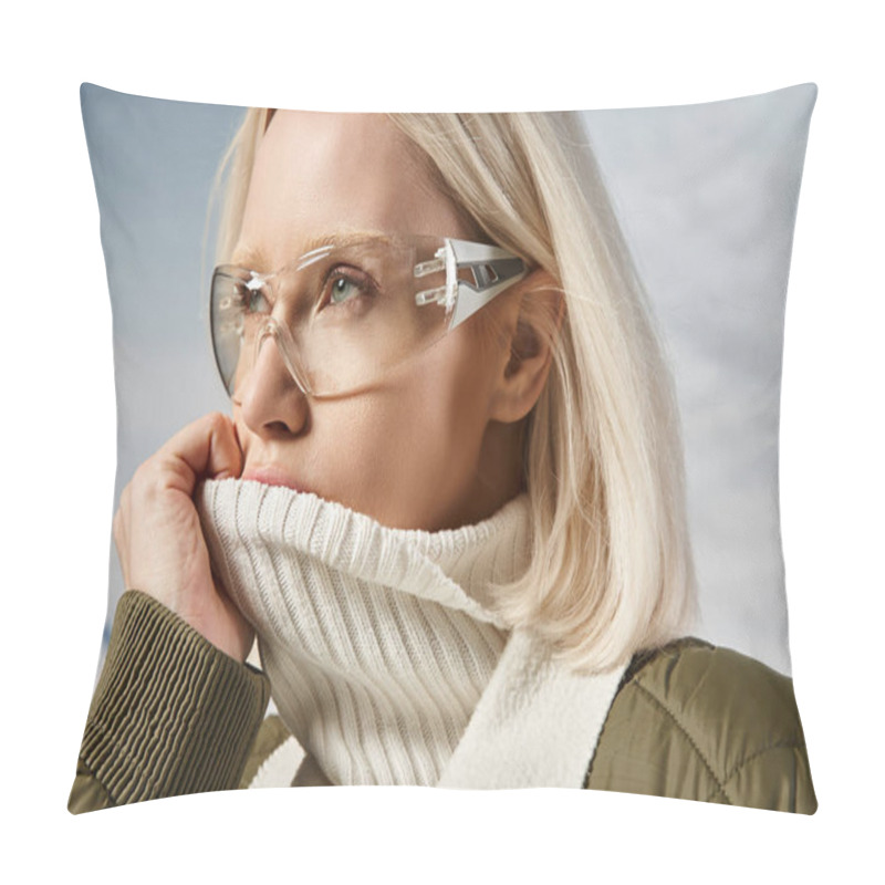 Personality  Portrait Of Blonde Woman In Glasses Covering Mouth With Her Collar And Looking Away, Winter Concept Pillow Covers