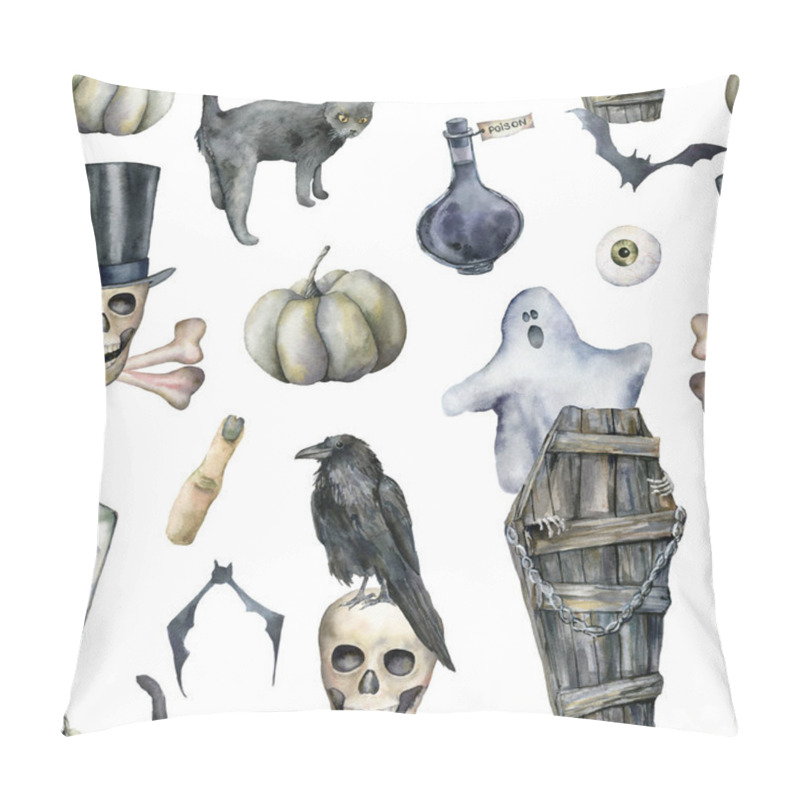 Personality  Watercolor Seamless Pattern With Halloween Symbols: Ghost And Coffin. Hand Painted Holiday Template With Skull, Crow And Cat Isolated On White Background. Illustration For Design, Print Or Background. Pillow Covers