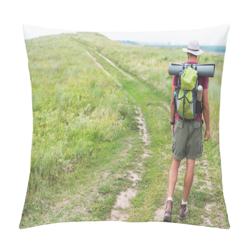 Personality  Back View Of Hiker With Backpack Walking On Green Meadow Pillow Covers