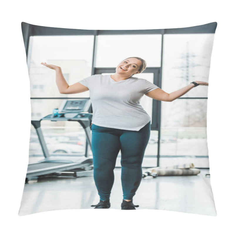 Personality  Cheerful Overweight Woman Gesturing While Standing On Scales Pillow Covers