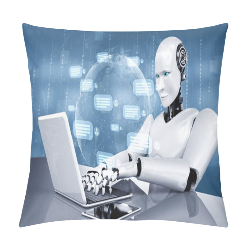 Personality  AI Robot Using Computer To Chat With Customer. Concept Of Chat Bot Pillow Covers