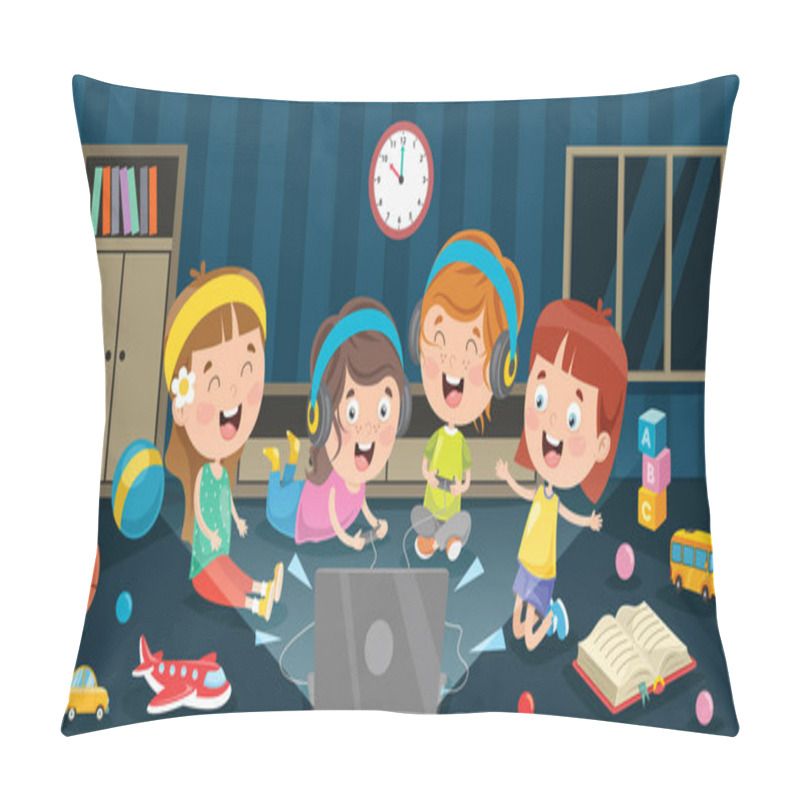 Personality  Little Happy Kid Using Technology Pillow Covers