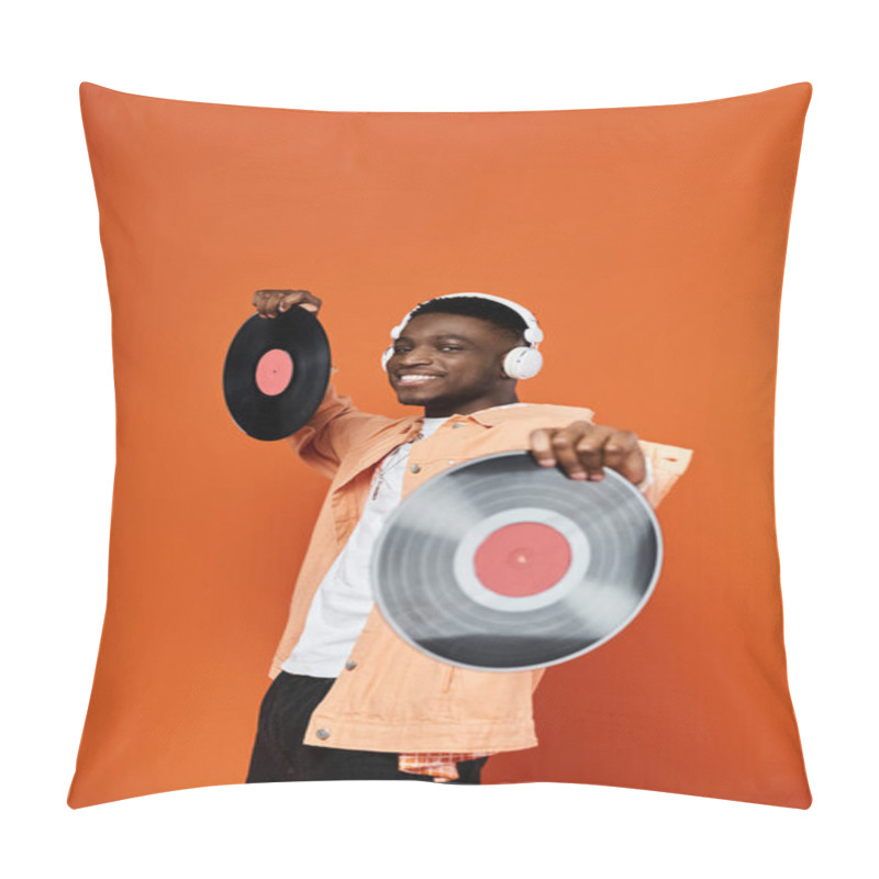 Personality  Stylish Young African American Man Holding Vinyl Record On Orange Background. Pillow Covers