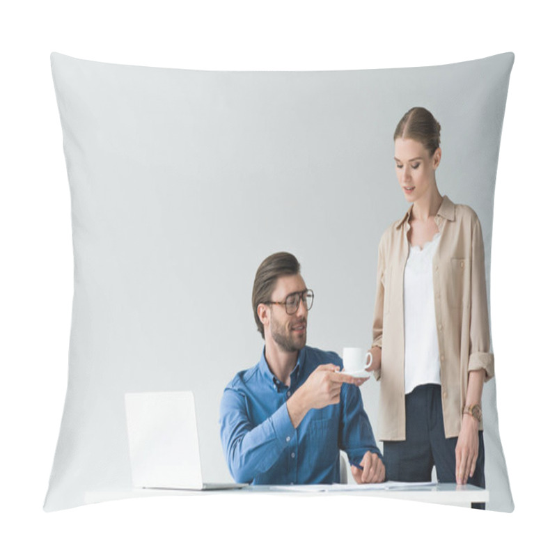 Personality  Beautiful Young Secretary Passing Cup Of Coffee To Boss Isolated On White Pillow Covers