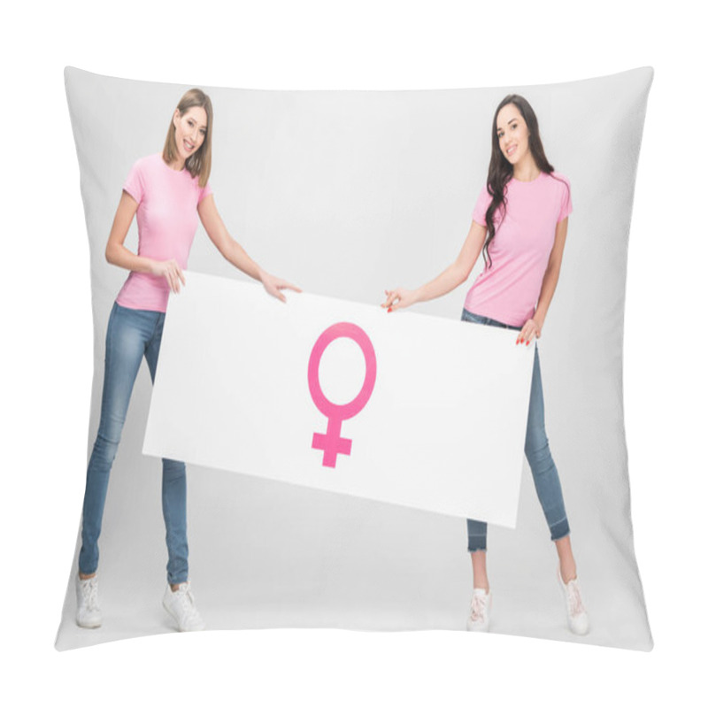 Personality  Cheerful Women Holding Large Sign With Female Symbol On Grey Background Pillow Covers