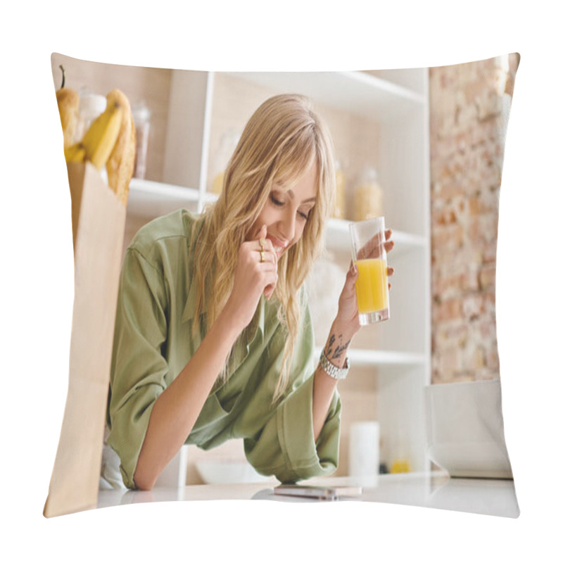 Personality  A Woman In A Kitchen Drinking A Glass Of Orange Juice. Pillow Covers