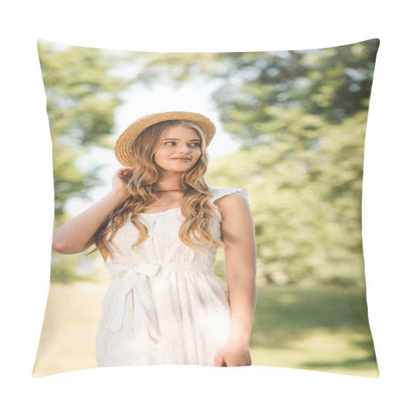 Personality  Beautiful Girl With Straw Hat Standing On Meadow And Looking Away Pillow Covers