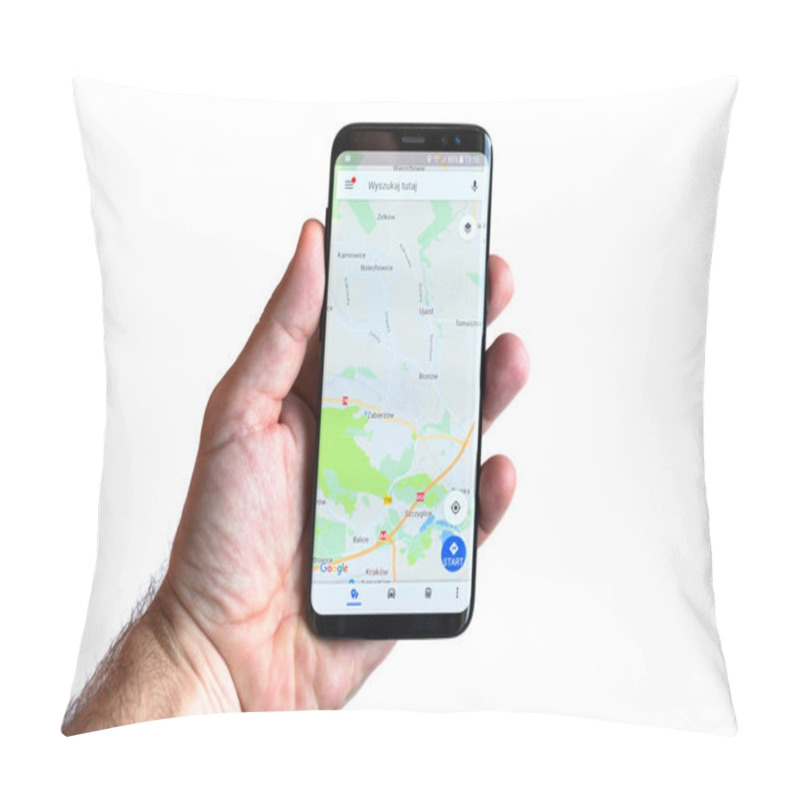 Personality  GDANSK, POLAND - NOVEMBER 23, 2017: Brand New Black Samsung Galaxy S8 In Hand Isolated Over White Background. Google Maps Navigation On The Screen. Pillow Covers