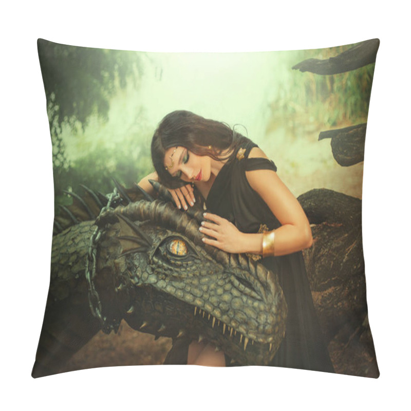 Personality  Fantasy Woman Evil Dark Queen Witch Hugs Dragon, Touching With Hands Head. Girl Mistress Tamed Myth Monster, Concept Of Dominance Control. Black Dress Girl Princess Fashion Model, Golden Moon Diadem. Pillow Covers