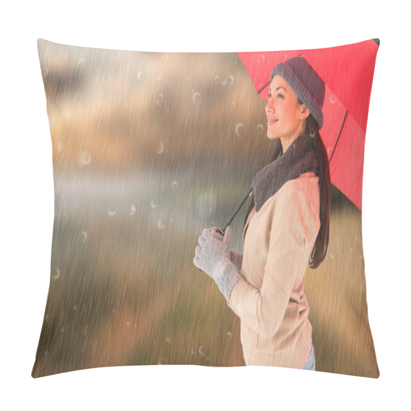 Personality  Brunette Woman Holding Red Umbrella Pillow Covers