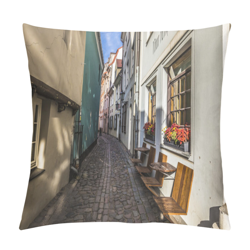 Personality  Narrow Medieval Street In Old City Of Riga, Latvia. Pillow Covers