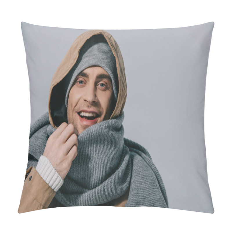 Personality  Cheerful Young Man Posing In Hat, Scarf And Coat, Isolated On Grey Pillow Covers