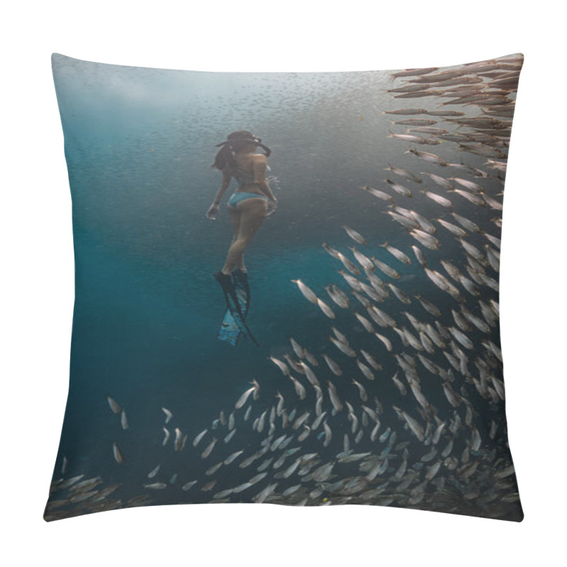 Personality  Young Female Free Diver In A Sexy Swimwear Ascends To The Surface Coming From A Deep Dive. Pillow Covers