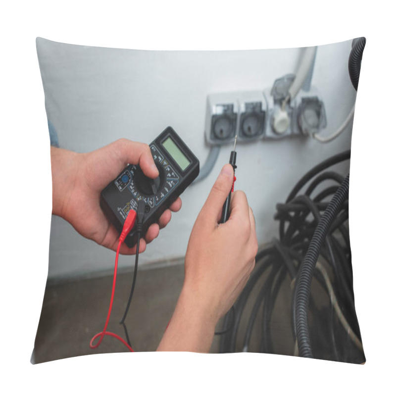 Personality  Cropped View Of Workman Holding Electrical Tester  Pillow Covers