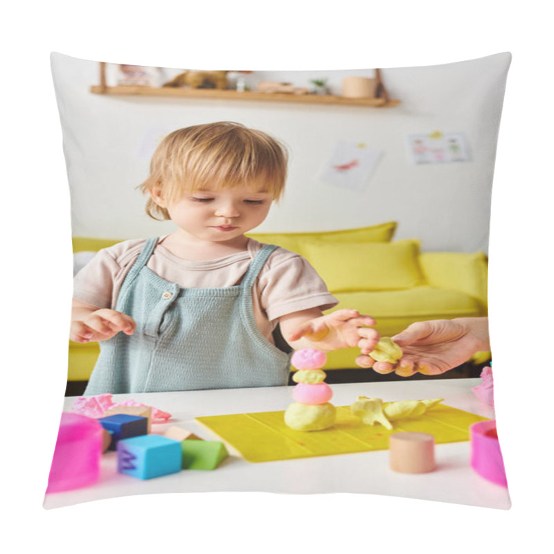 Personality  Mother Watches As Her Toddler Daughter Engages In Montessori Play At A Table Filled With Toys. Pillow Covers