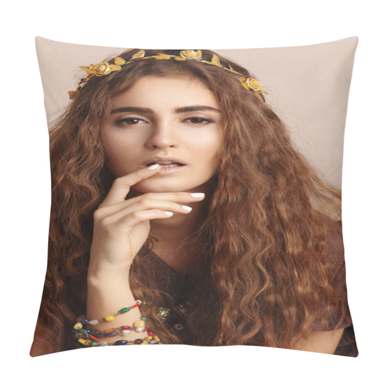 Personality  Beautiful Woman. Curly Long Hair. Fashion Model With Healthy Wavy Hairstyle. Accessories. Boho Girl With Autumn Wreath, Gold Floral Crown. Vertical Shot Pillow Covers