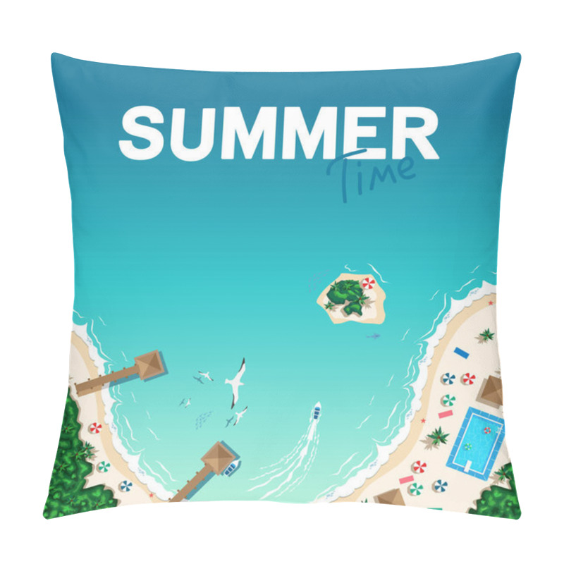 Personality  Aerial View Of A Tropical Beach And Islands. Summer Vacation Poster Template. Summer Travel. Vector Illustration. Pillow Covers