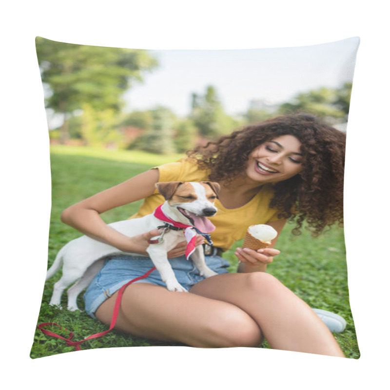 Personality  Selective Focus Of Young Woman Sitting With Ice Cream And Looking At Dog Pillow Covers