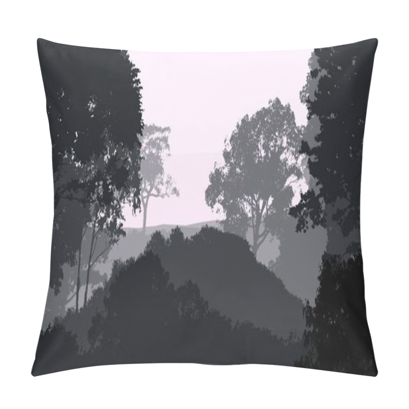 Personality  2d Illustration. Trees In Fog. Deep Forest Haze. Hills Covered By Plants And Foliage. Shrubs And Bushes. Deciduous Wood.  Pillow Covers