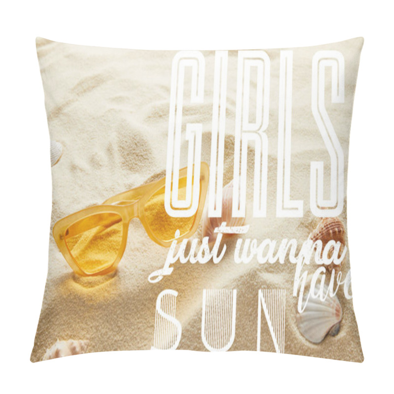 Personality  Yellow Stylish Sunglasses On Sand With Seashells And Girls Just Wanna Have Sun Lettering Pillow Covers