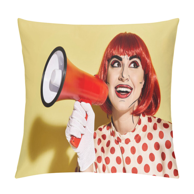 Personality  A Vibrant Redhead Woman In A Polka Dot Blouse Confidently Holds A Red And White Megaphone Against A Yellow Backdrop. Pillow Covers