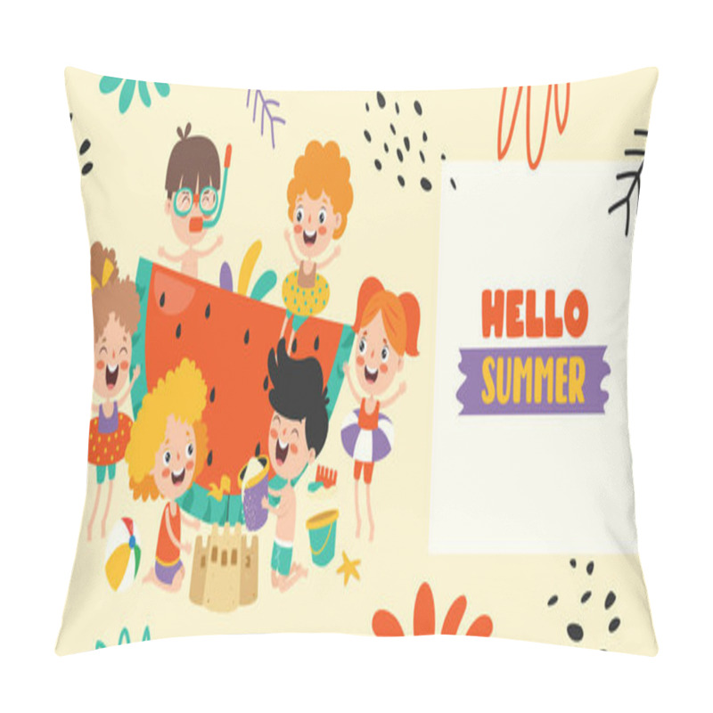 Personality  Flat Summer Banner With Cartoon Character Pillow Covers