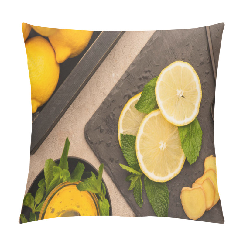 Personality  Top View Of Yellow Lemons, Mint Green Leaves And Honey On Beige Concrete Surface Pillow Covers