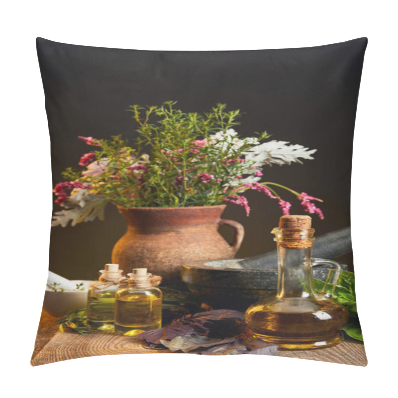 Personality  Clay Vase With Fresh Herbs And Flowers Near Mortar And Pestle And Bottles On Wooden Table Pillow Covers