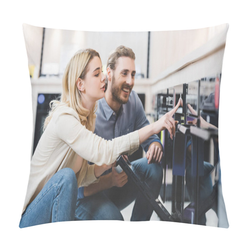 Personality  Woman Using Oven And Smiling Consultant Looking At It In Home Appliance Store  Pillow Covers