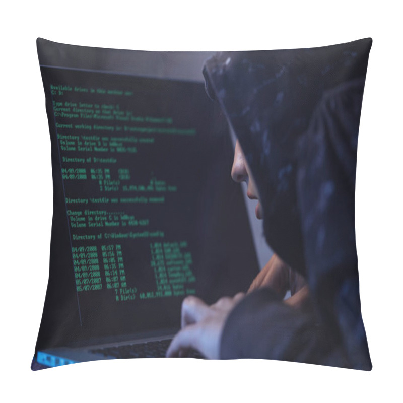 Personality  Computer Hacker In Hooded Shirt Typing Software Algorithms And Stealing Data From Computer Network On Laptop. Pillow Covers