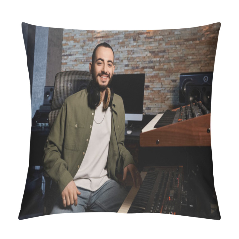 Personality  A Man Sits In Front Of A Keyboard In A Recording Studio, Engrossed In Creating Music For A Band Rehearsal. Pillow Covers