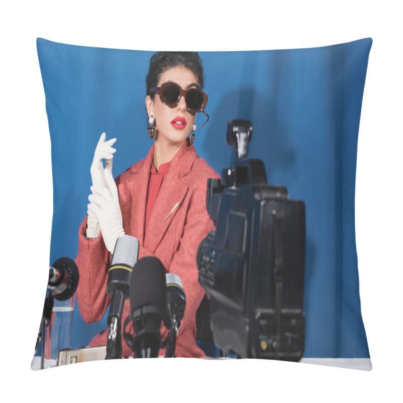 Personality  Blurred Video Camera And Microphones Near Retro Style Woman Giving Interview On Blue Background Pillow Covers