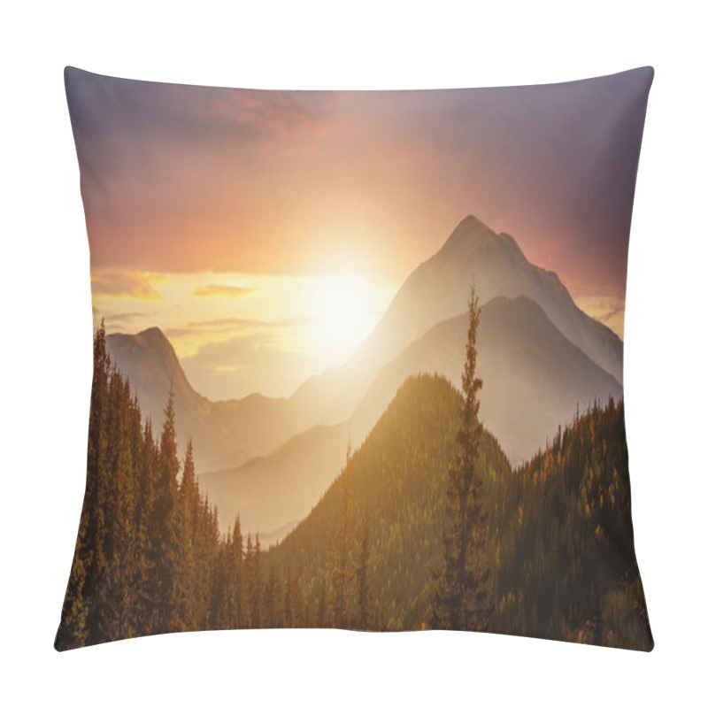 Personality  Sunset Landscape With High Peaks And Foggy Valley With Autumn Spruce Forest Under Vibrant Colorful Evening Sky In Rocky Mountains. Pillow Covers