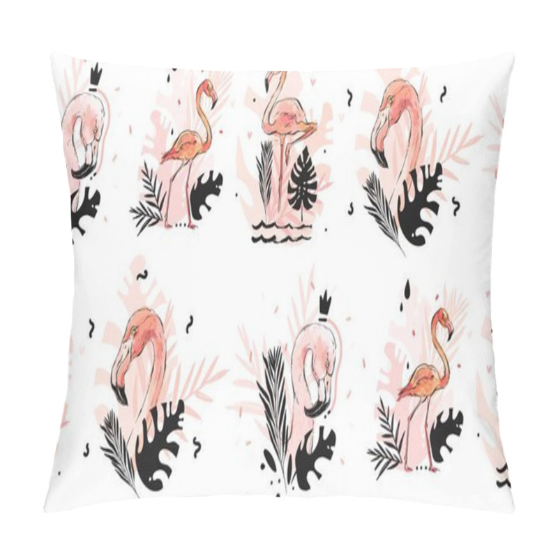 Personality  Hand Drawn Vector Abstract Graphic Freehand Textured Sketch Pink Flamingo And Tropical Palm Leaves Drawing Illustration Seamless Pattern With Modern Confetti Elements Isolated On White Background Pillow Covers