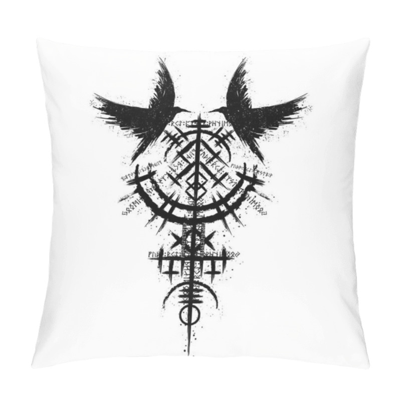 Personality  Black Grunge Raven Bird Silhouettes With Ink Splash Isolated On White Background. Norse Viking Valhalla Vegvisir Rune Symbol Pillow Covers