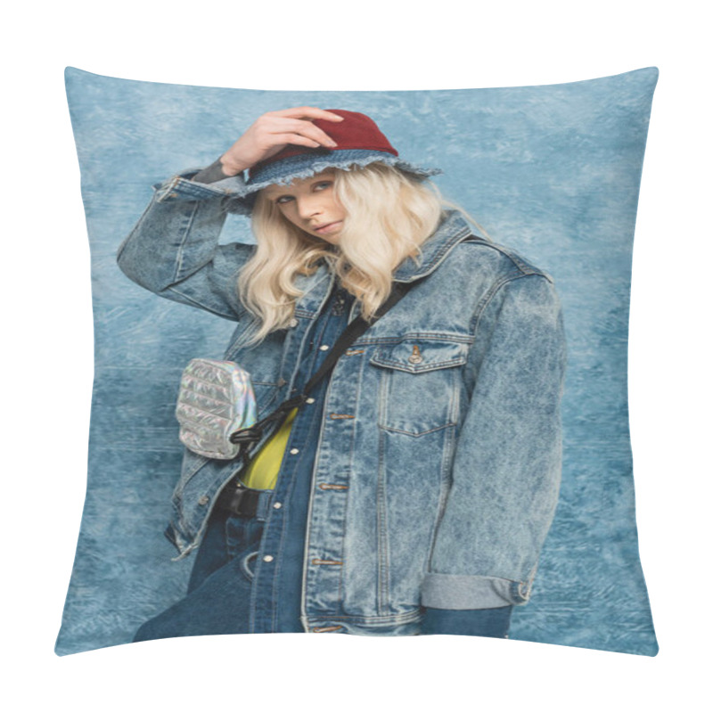 Personality  Blonde Woman In Denim Jacket And Panama Hat Looking At Camera Near Blue Textured Background   Pillow Covers