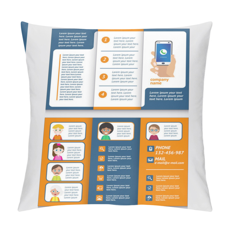 Personality  Business Brochure Template With Hand Holding A Smart Phone, Men And Women  Icons. Pillow Covers