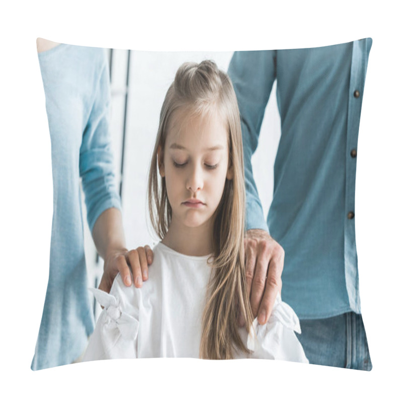 Personality  Cropped View Of Parents Putting Hands On Shoulders Of Upset Daughter  Pillow Covers