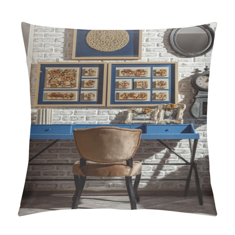 Personality  Interior Of Modern Retro Styled Living Room With Chair, Table And Clock On Wall Pillow Covers