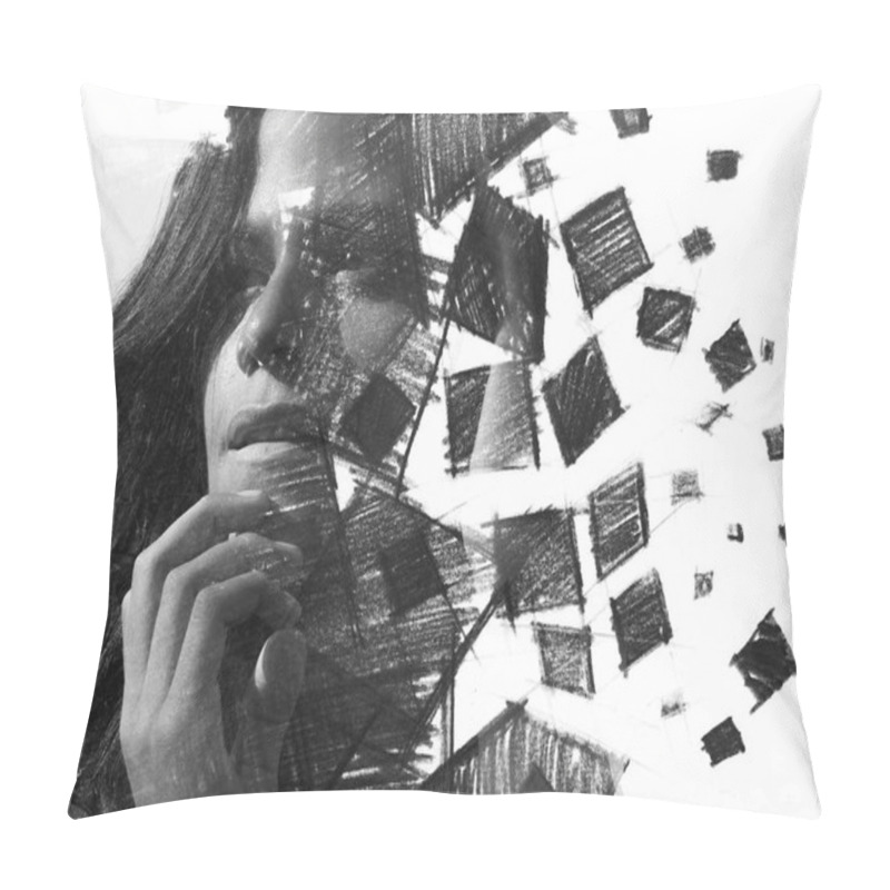 Personality  Hand Drawn Squares Surround Her Face, Creating An Impressive Visual Effect Of Her Dissolution Pillow Covers