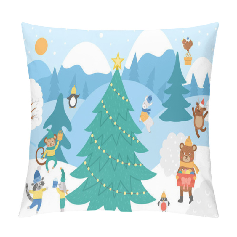 Personality  Vector Winter Forest Background With Cute Animals, Fir Tree, Snow. Funny Woodland Christmas Scene With Bear, Squirrel, Monkey, Birds. Flat New Year Landscape Illustration For Children Pillow Covers