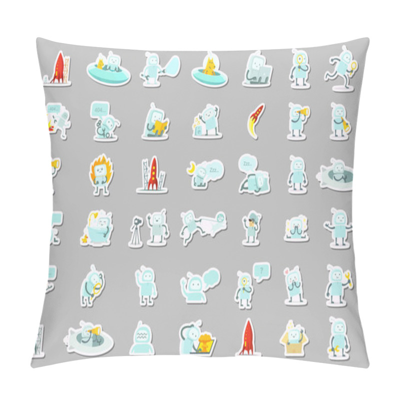 Personality  Sticker Robots Big Set Character. Search, Ufo And Others. Collection Illustration. Pillow Covers