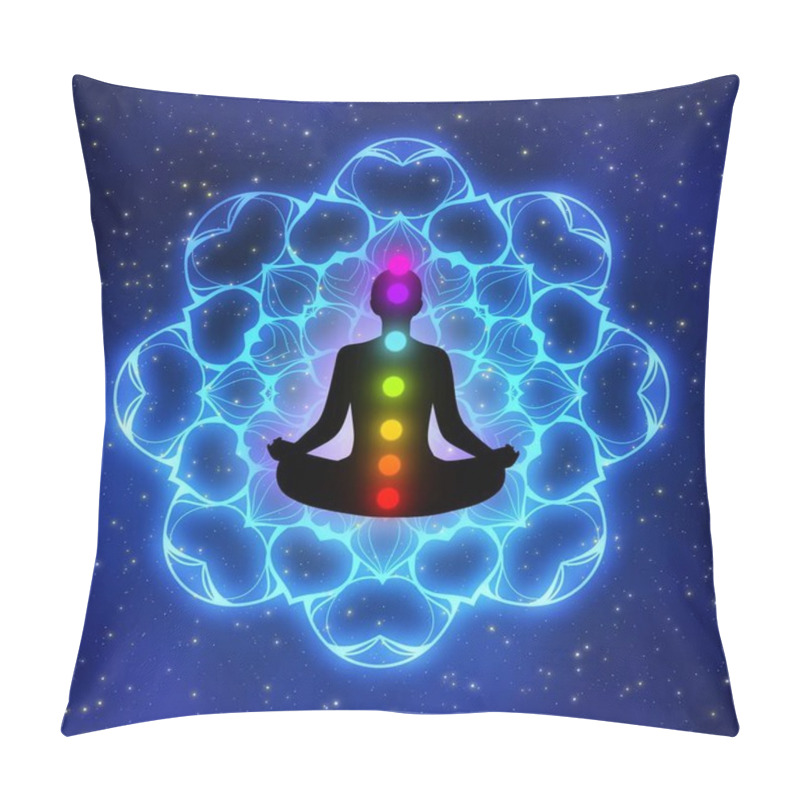 Personality  Meditation Man With Aura, Seven Chakras, And Glow Mandala In The Galaxy Illustration Concept Design Background. Pillow Covers