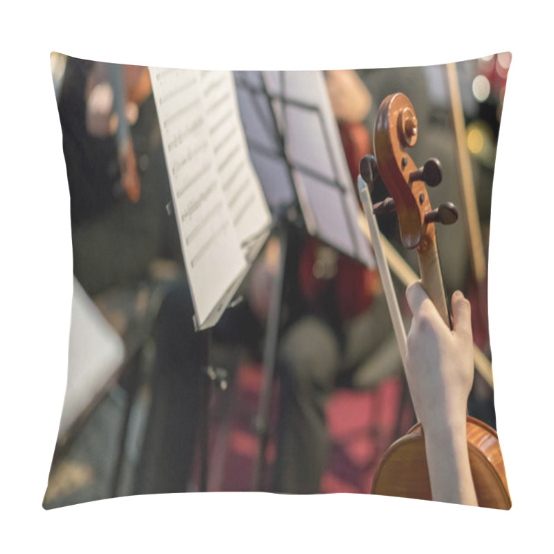 Personality  Hand On The Strings Of A Violin. Symphony Orchestra In Indoor. Selected Focus Pillow Covers