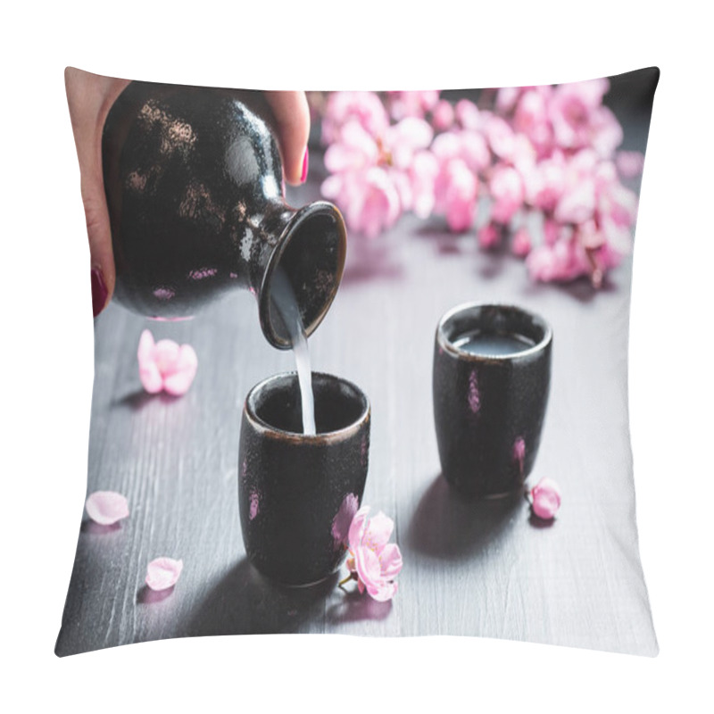 Personality  Pouring Sake To Dark Ceramics On Black Table Pillow Covers