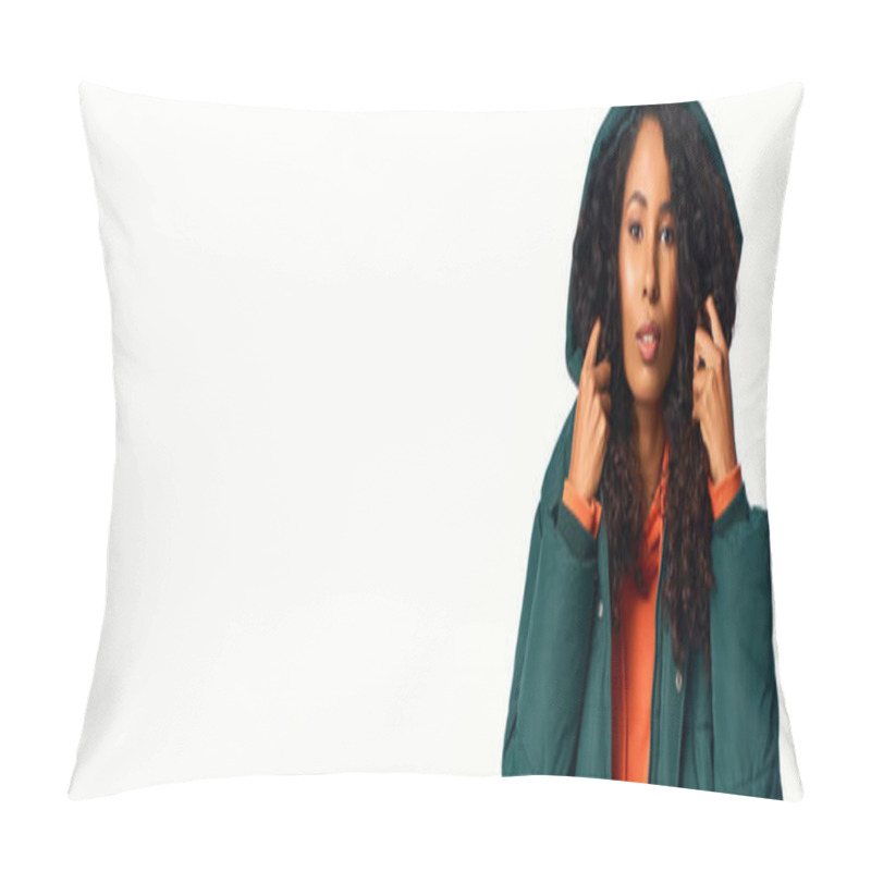 Personality  Confident And Fashionable Woman Poses In A Cozy Green Jacket During Chilly Winter Day. Pillow Covers