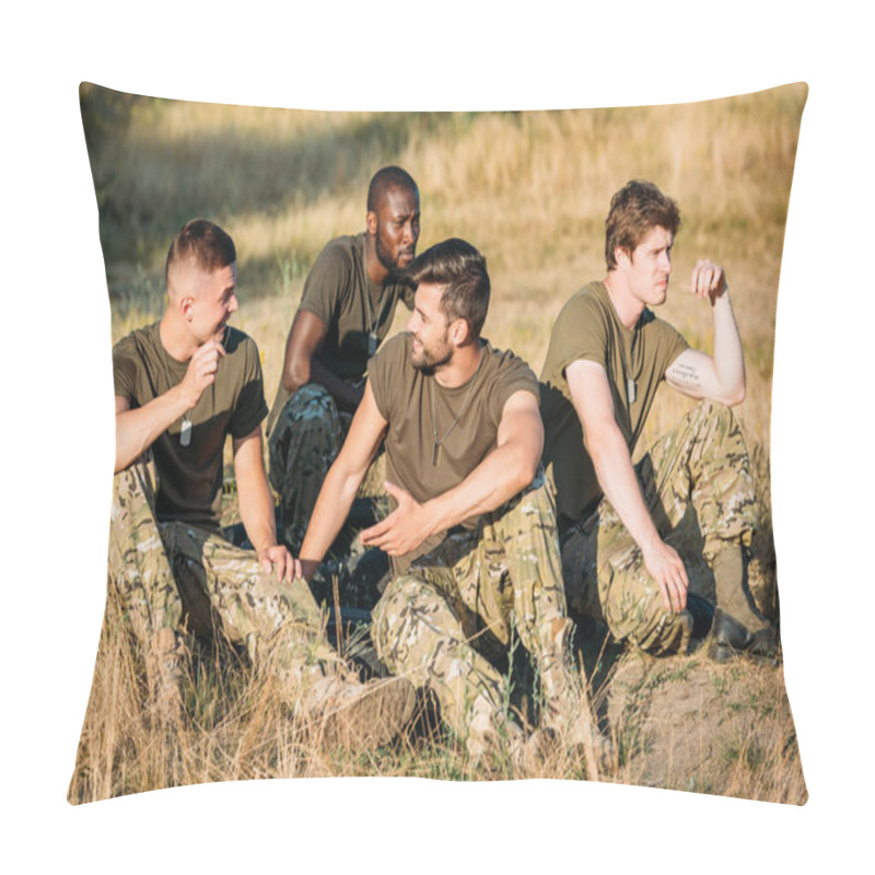 Personality  Multiracial Young Soldiers In Military Uniform Resting On Range Pillow Covers